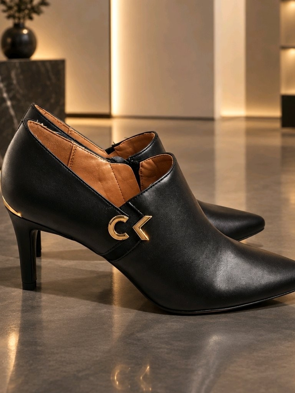 Calvin Klein Black Leather Pointed Mid-Heel Ankle Shoes with Gold CK Accent